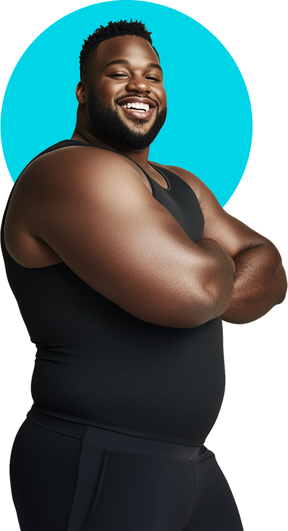 Confident plus-size man wearing a black compression tank top and leggings, smiling with arms crossed in front of a turquoise circular backdrop.